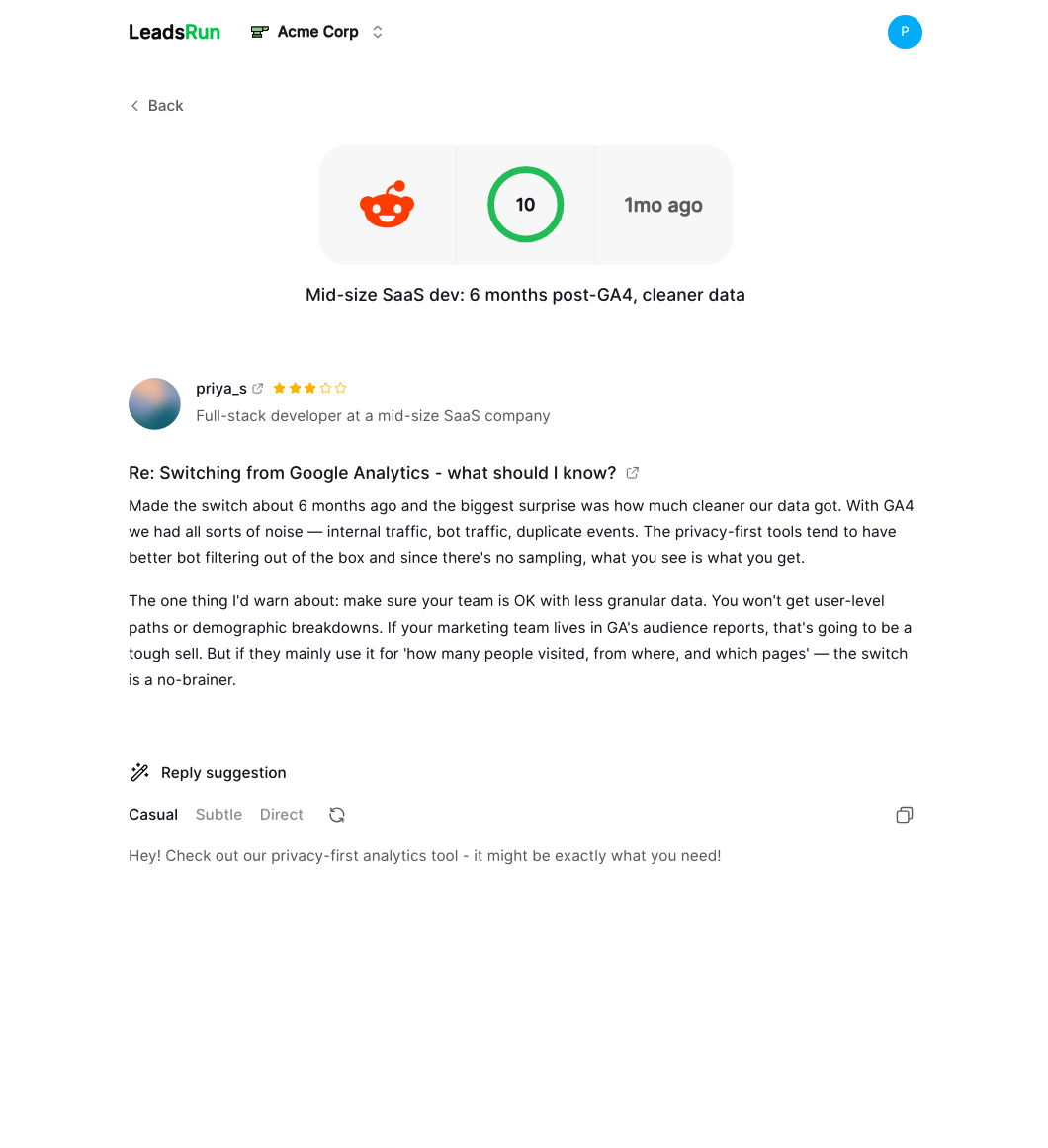 Leads Run Details view